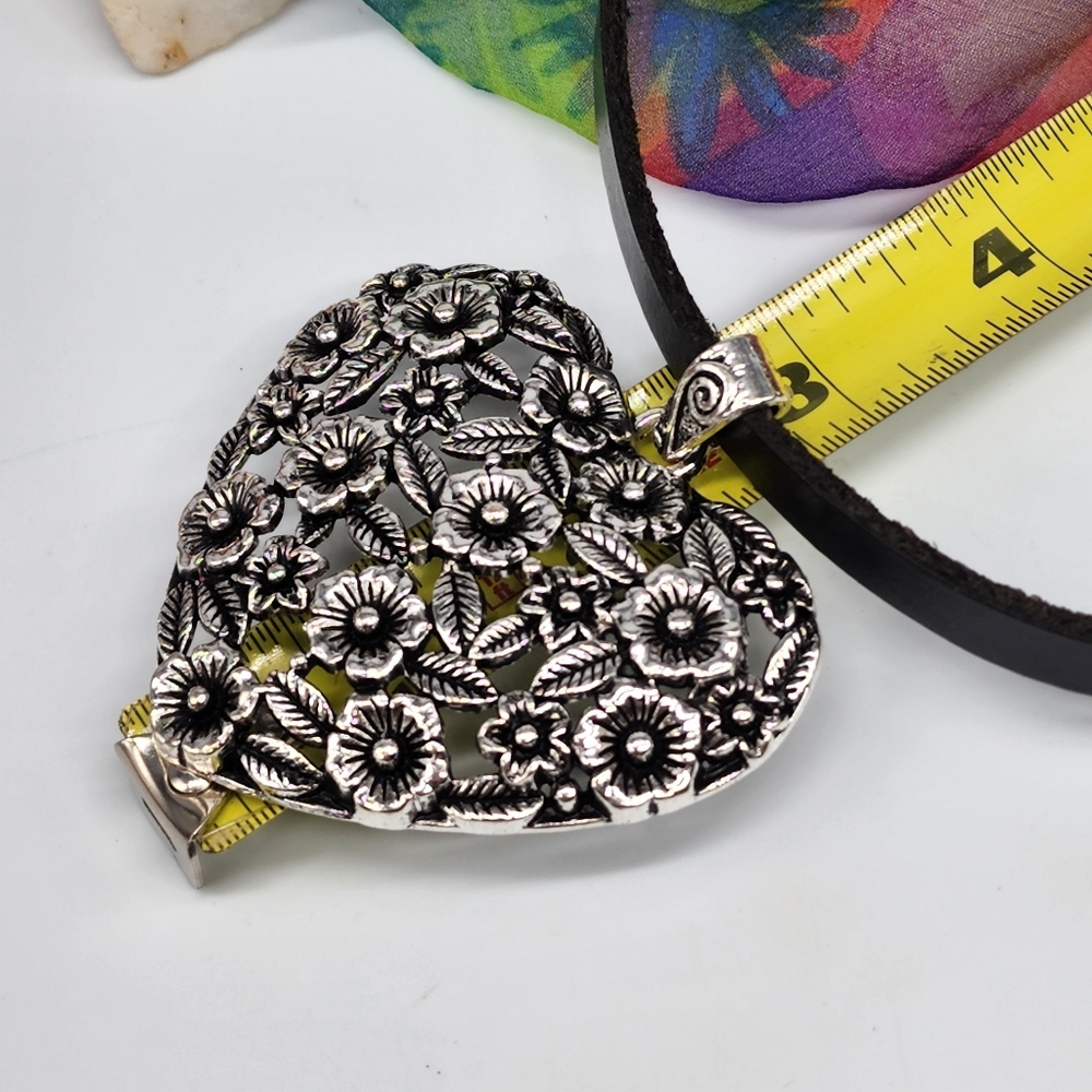 Lrge Silver Heart Pendant Boho Genuine Black Leather Floral Filigree - Picture 8 of 12